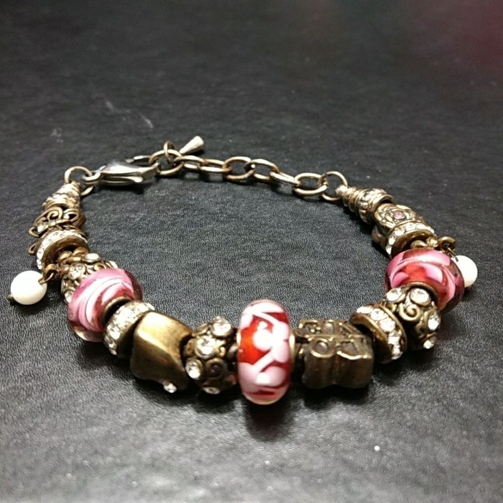 Gold tone pink bead charm bracelet up to 7.5"